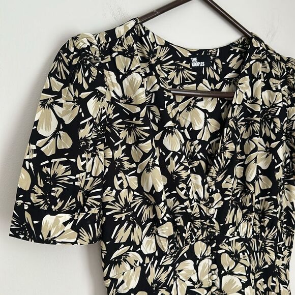 The Kooples Floral Twill Midi Dress Size 1 Black Beige Puff Sleeve Button Front - Picture 4 of 16